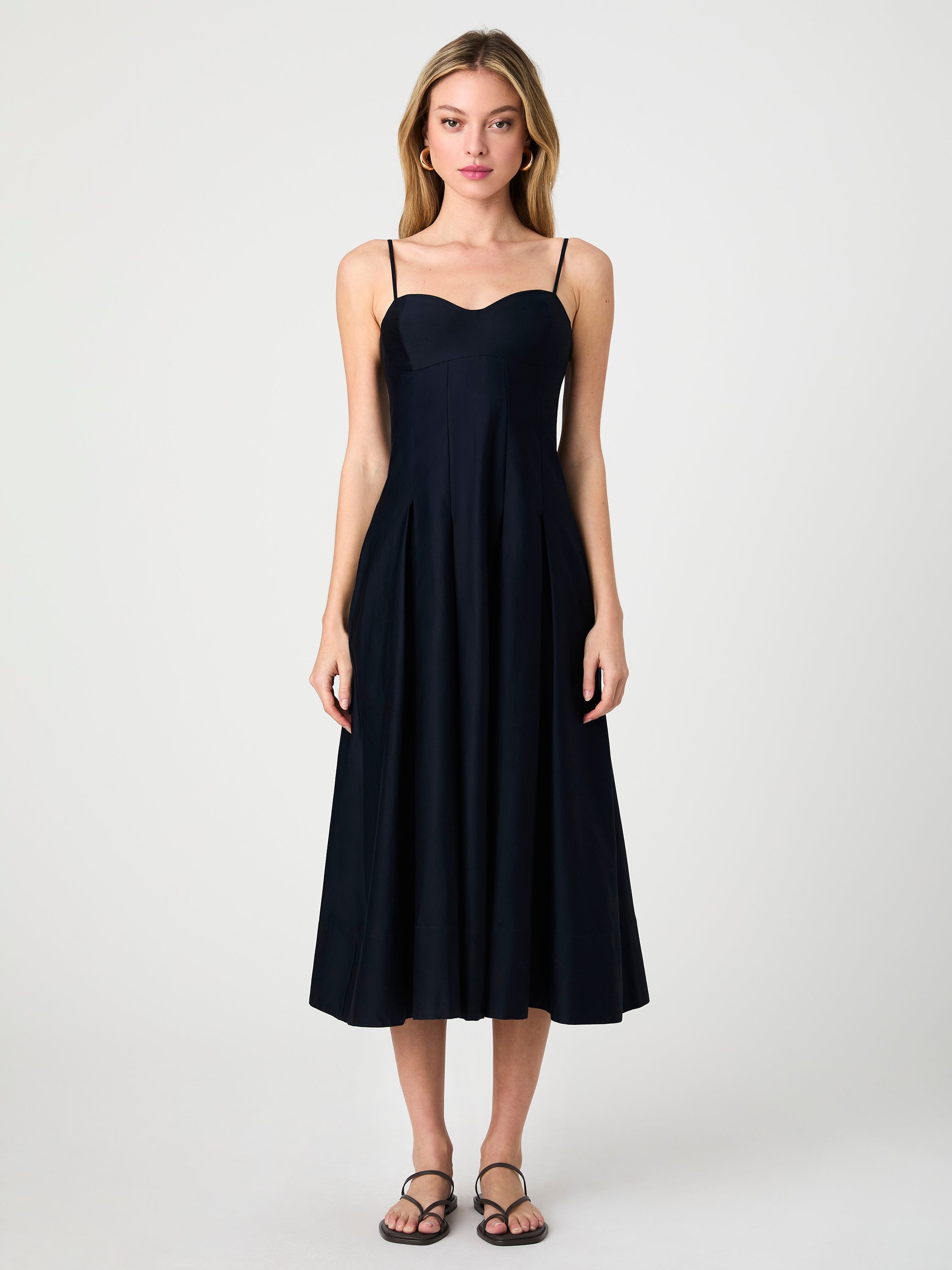 Cotton Sateen Pleated Midi Dress with Sweetheart Neckline Pockets