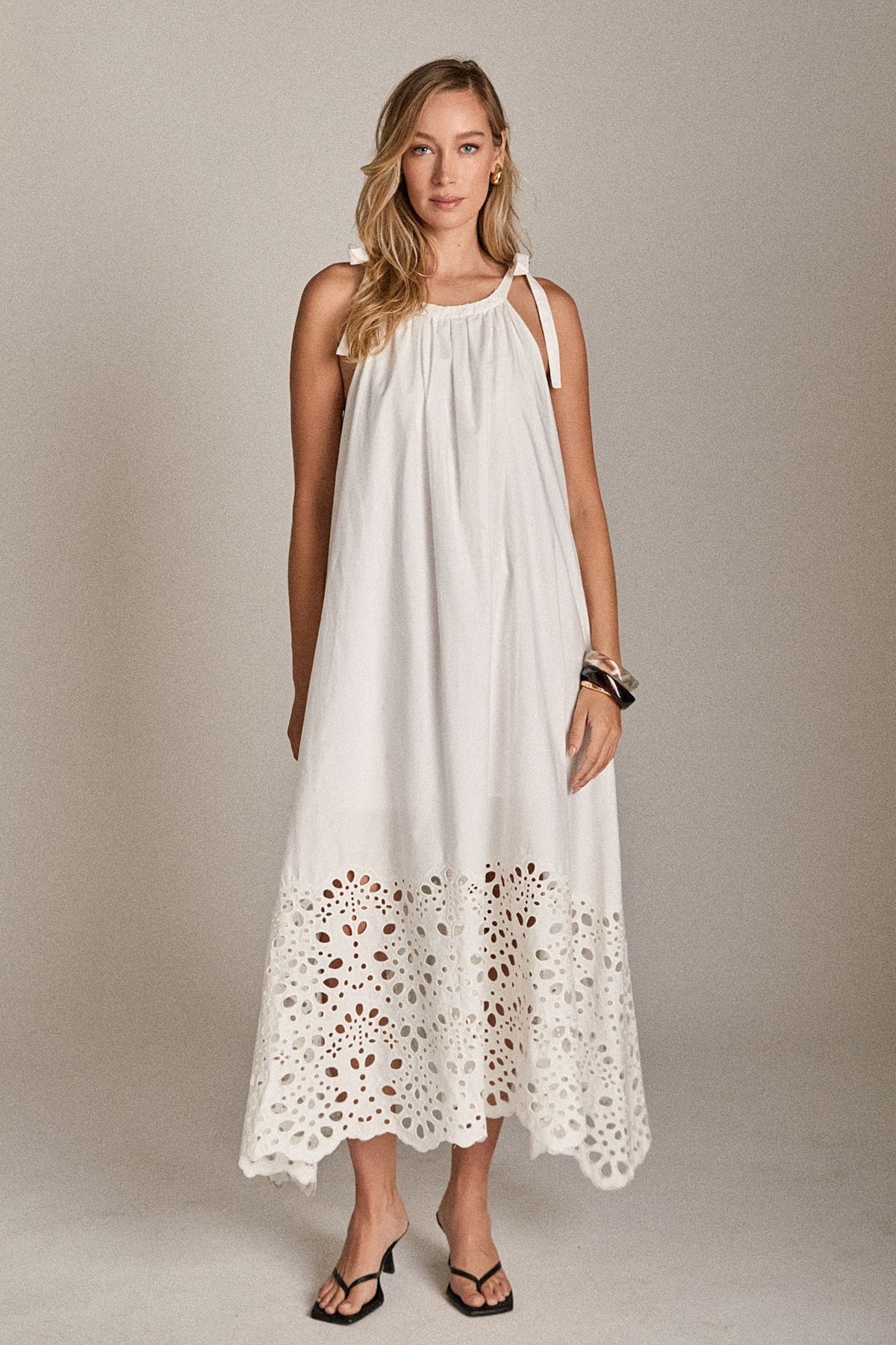Celine Eyelet Halter Midi Dress by English Factory