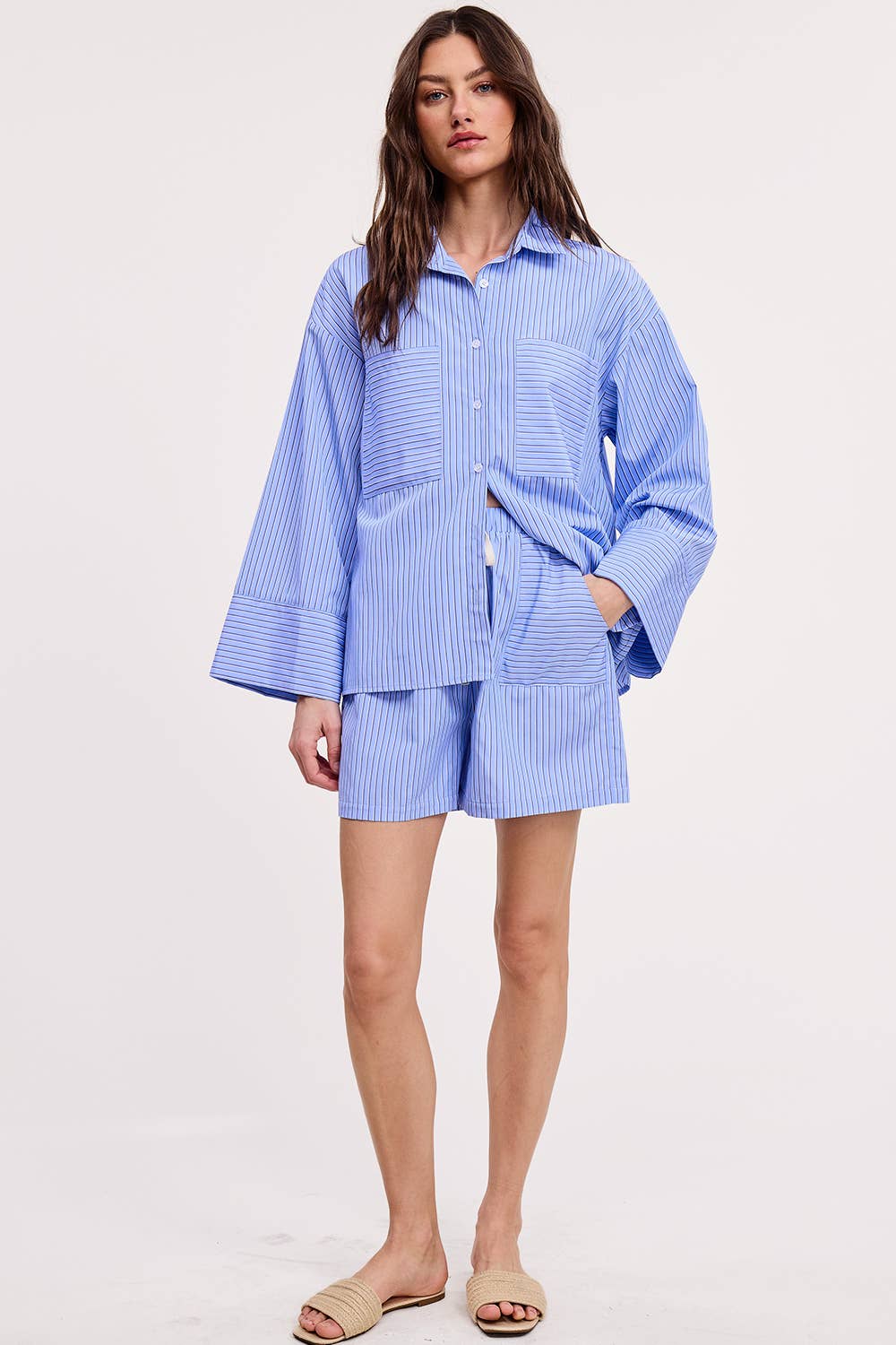 Wholesale Stripe Cotton Shirt Relaxed Fit Oversized Front Pockets