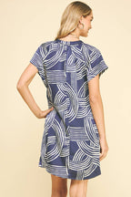 Deep Blue Printed Tunic Dress Lightweight V-Neck Cap Sleeve Mini