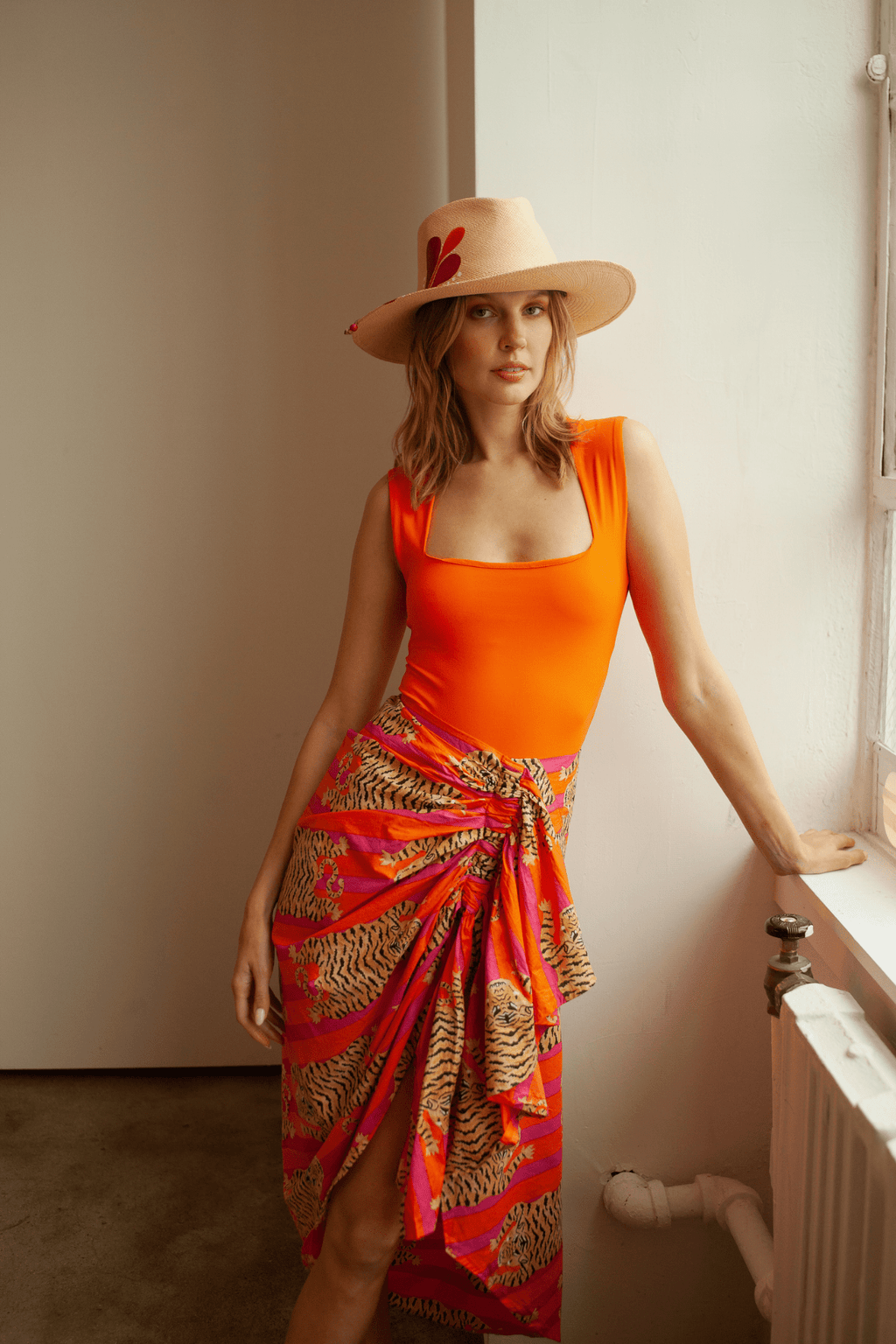 Luciana Pareo Skirt Orange/Pink Lightweight Printed Beach Wrap Cover-up