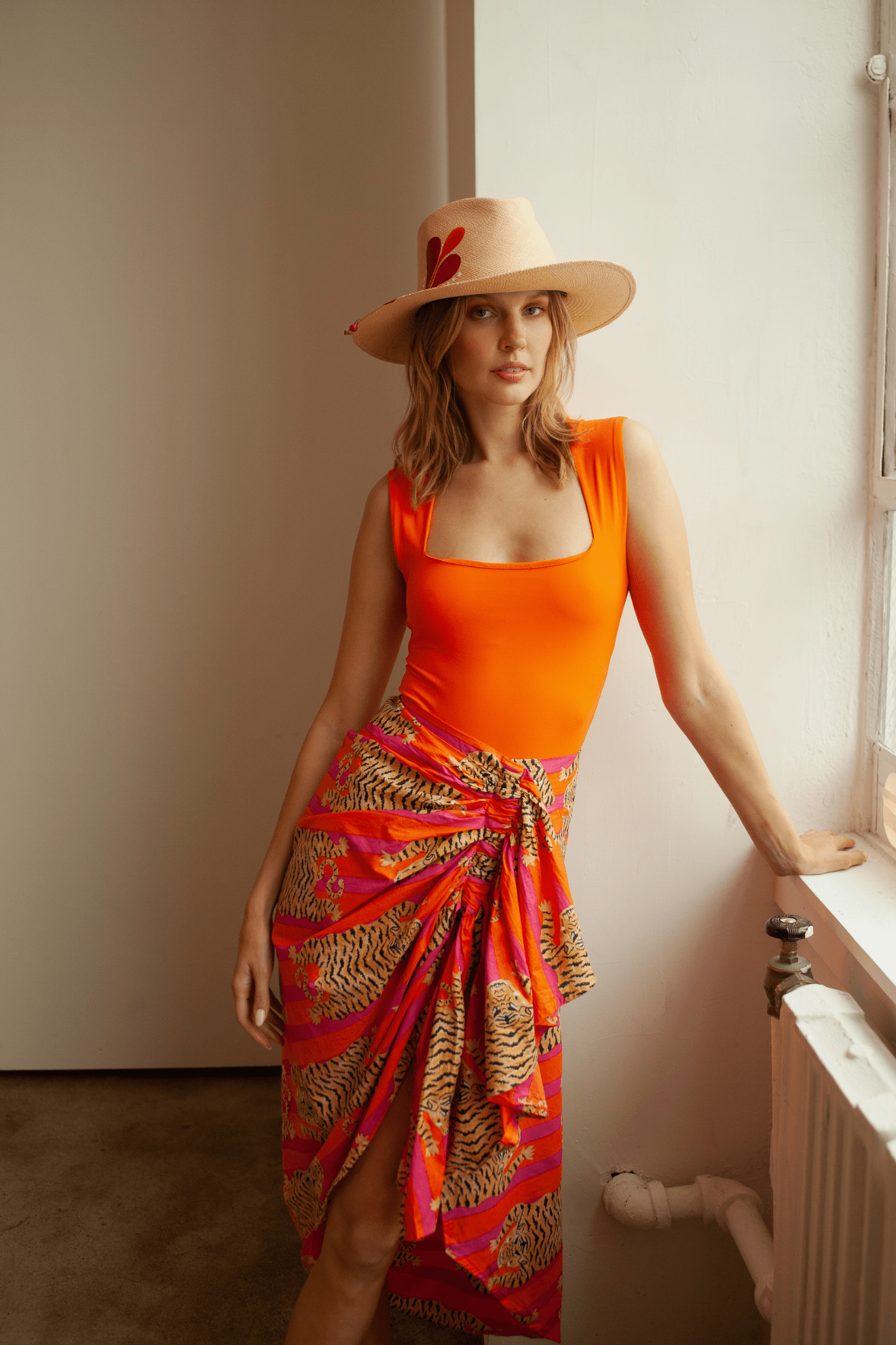 Luciana Pareo Skirt Orange/Pink Lightweight Printed Beach Wrap Cover-up