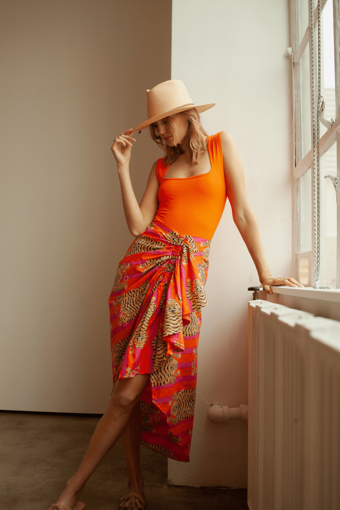Luciana Pareo Skirt Orange/Pink Lightweight Printed Beach Wrap Cover-up