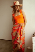 Luciana Pareo Skirt Orange/Pink Lightweight Printed Beach Wrap Cover-up