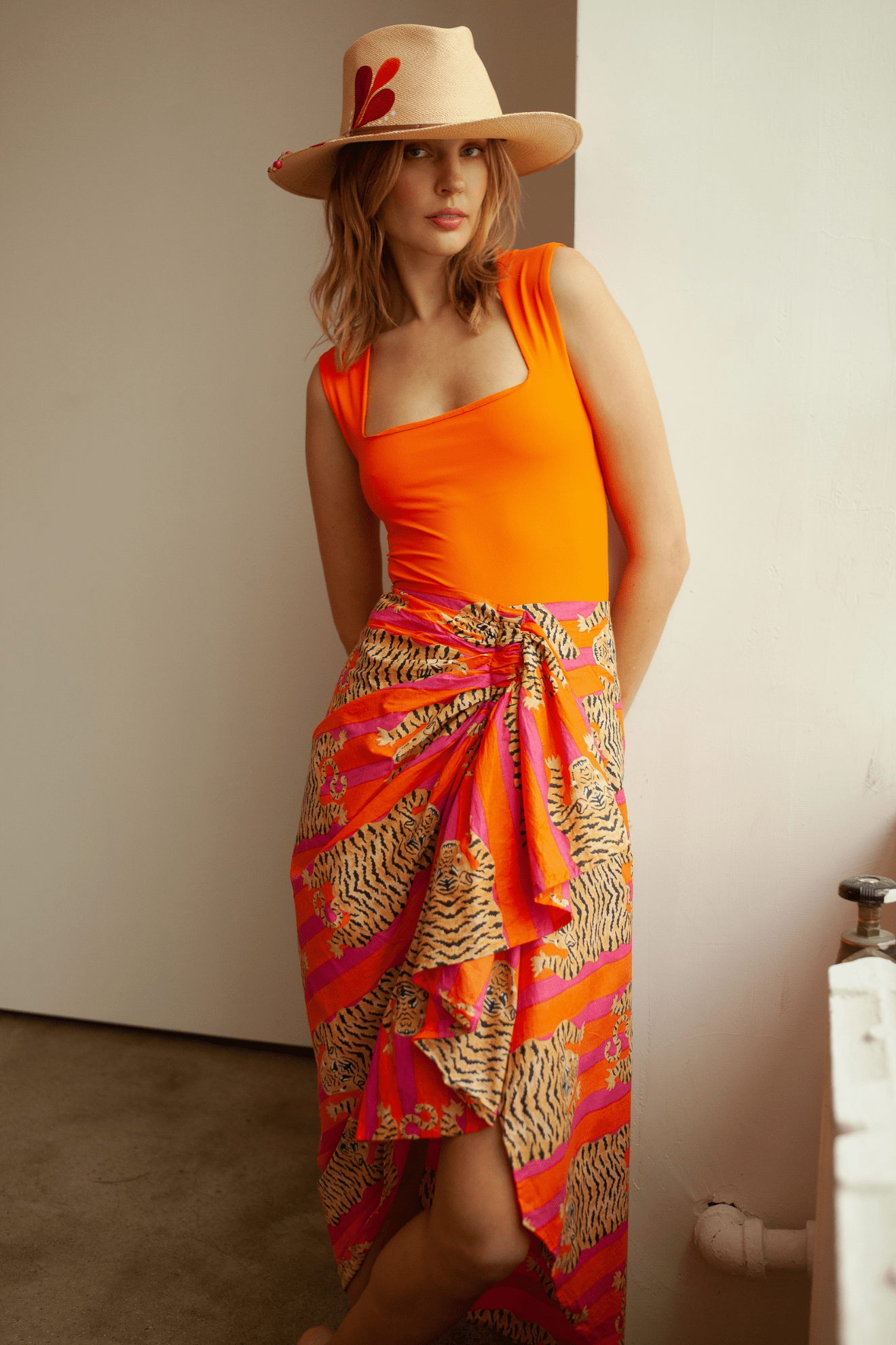 Luciana Pareo Skirt Orange/Pink Lightweight Printed Beach Wrap Cover-up