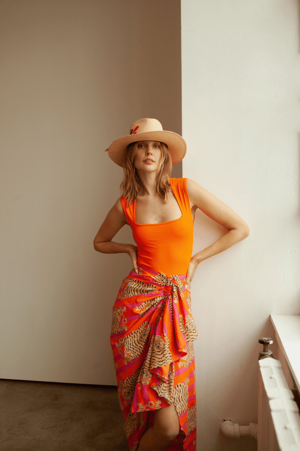 Luciana Pareo Skirt Orange/Pink Lightweight Printed Beach Wrap Cover-up