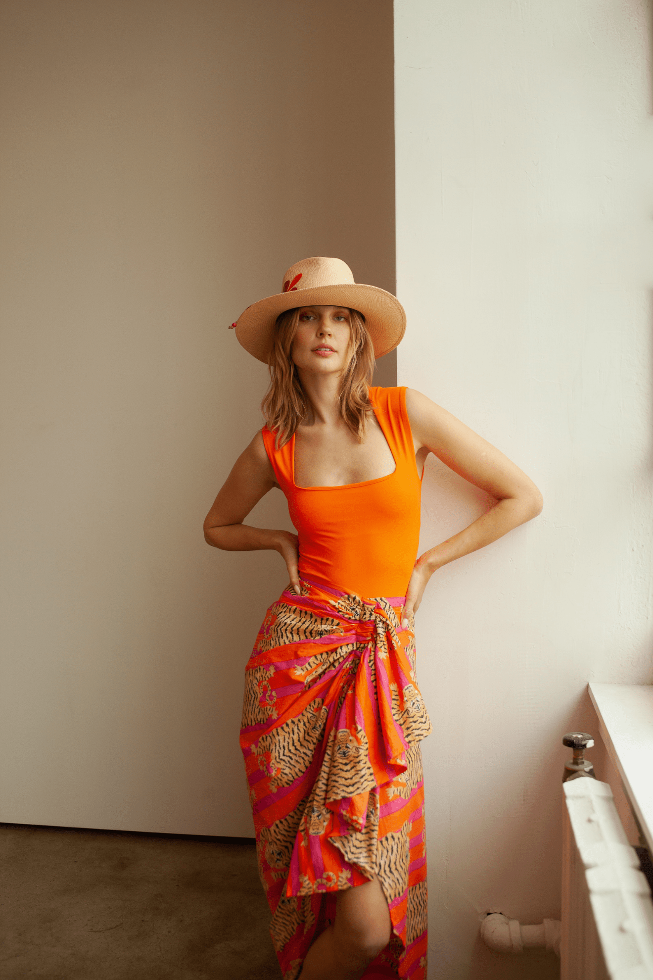 Luciana Pareo Skirt Orange/Pink Lightweight Printed Beach Wrap Cover-up