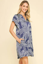 Deep Blue Printed Tunic Dress Lightweight V-Neck Cap Sleeve Mini