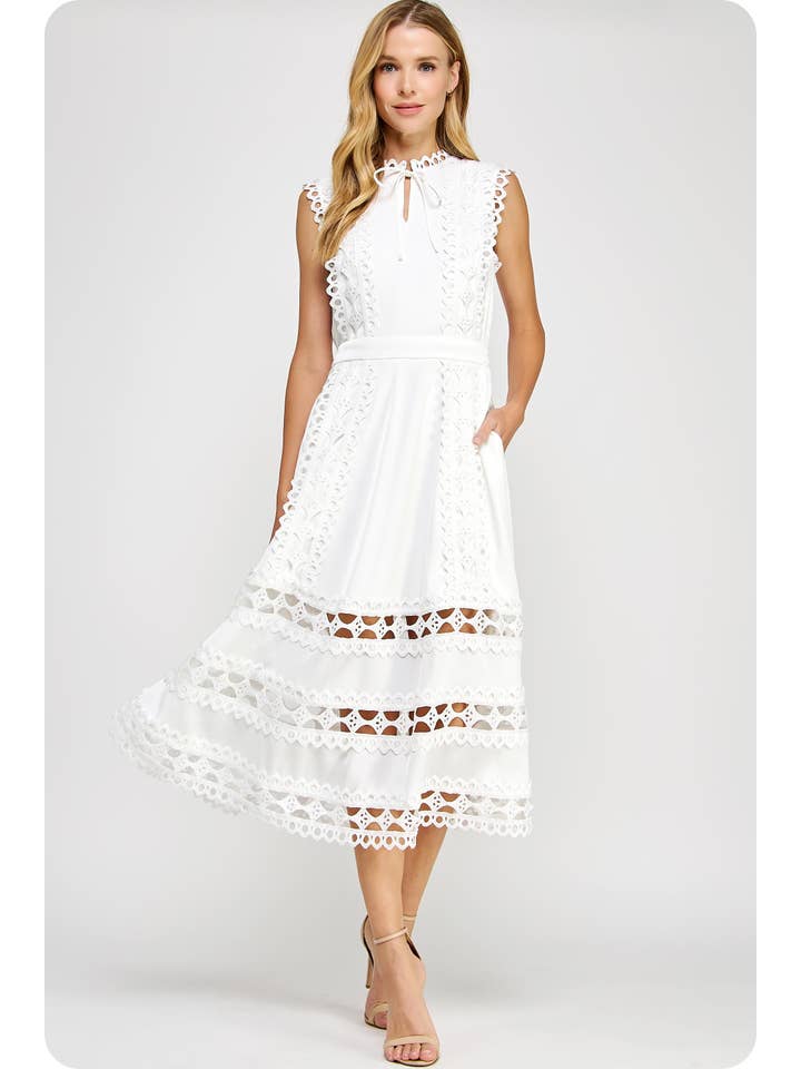 Wholesale Scallop Edge Crochet Trim Satin A-Line Midi Dress