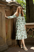 Ariel Ikat Dress Green Cotton Midi Casual Chic Women's Dress