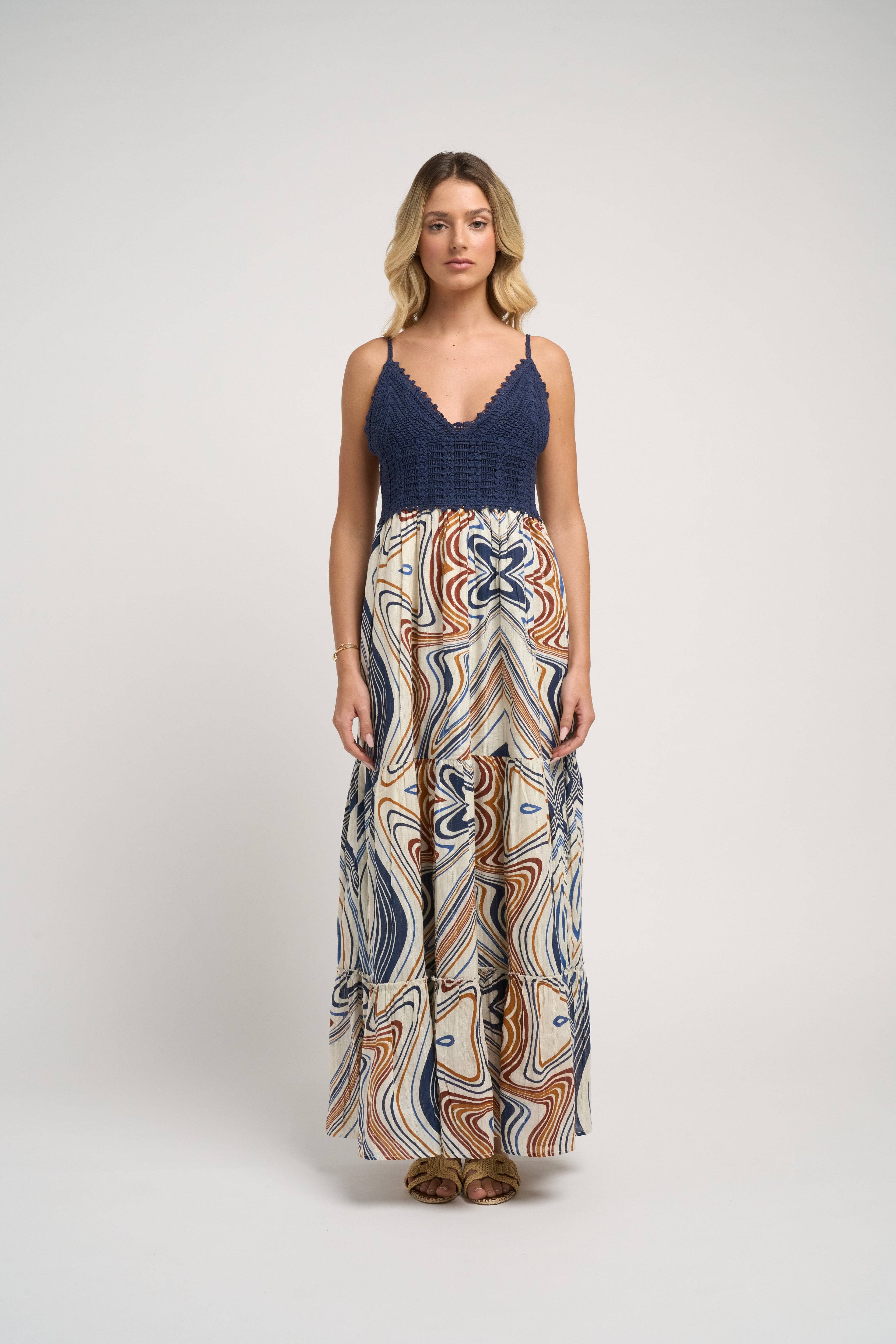 Seneiya Crochet Dress Blue Elegant Cotton Crochet Embroidered Summer Dress