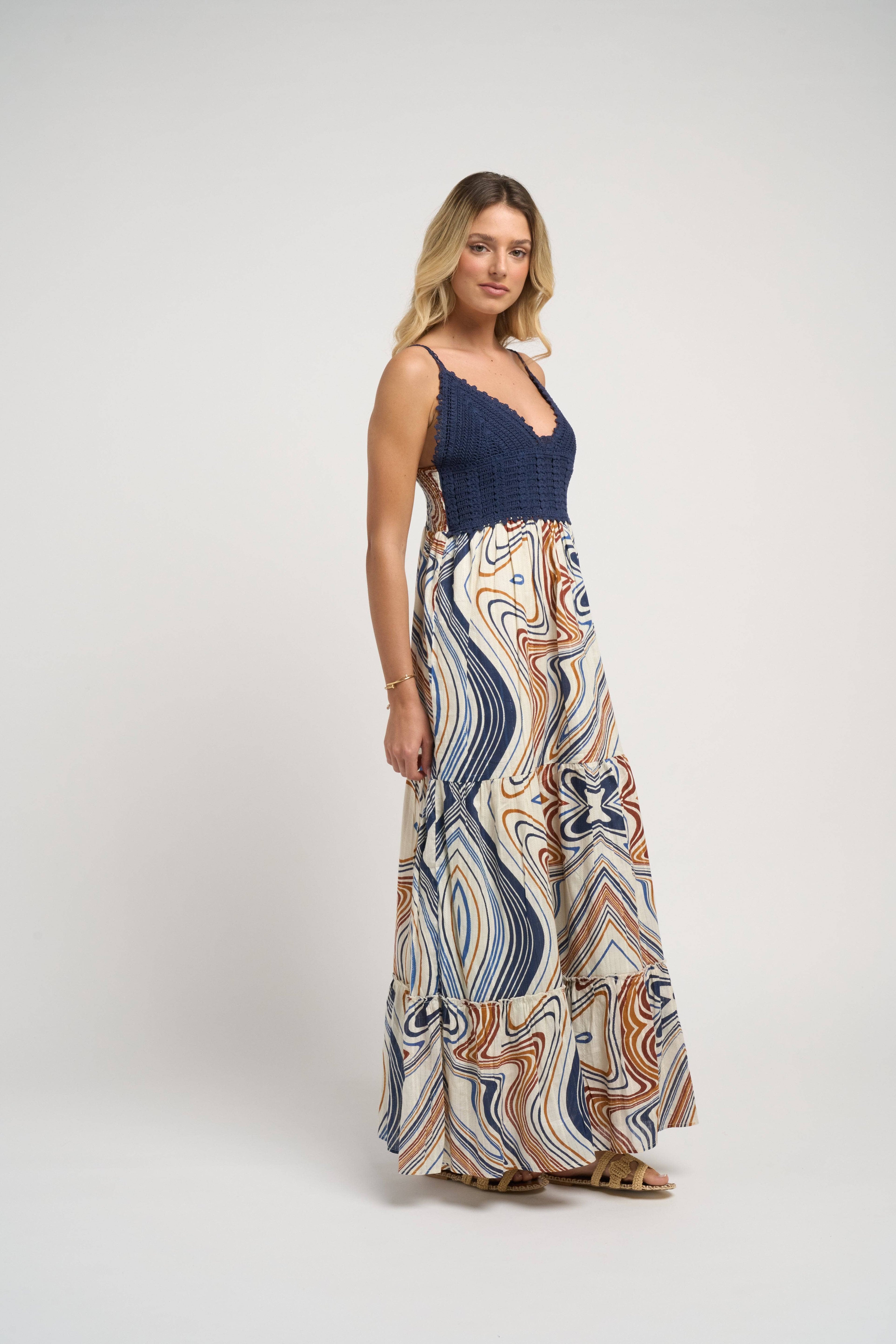 Seneiya Crochet Dress Blue Elegant Cotton Crochet Embroidered Summer Dress