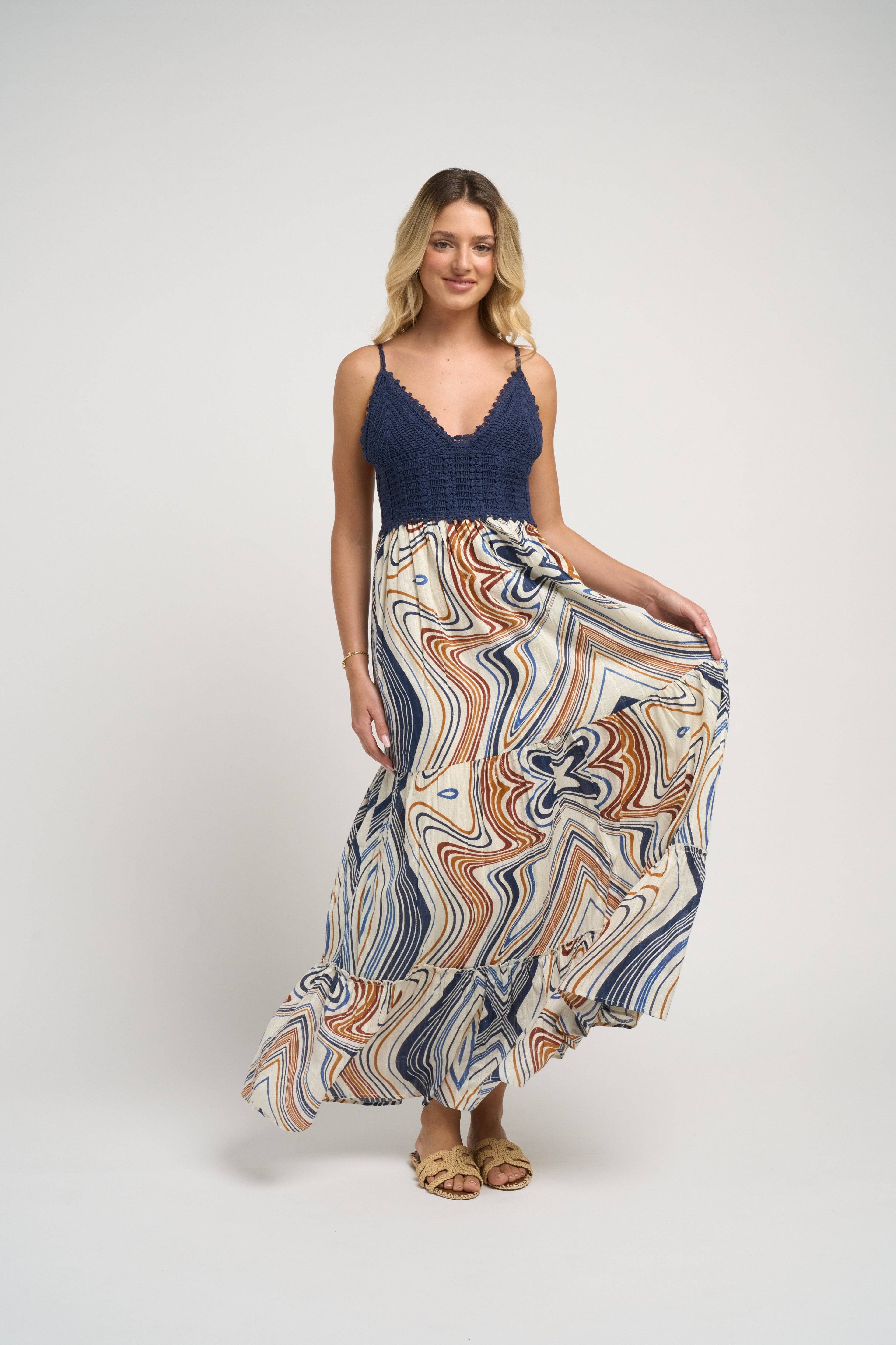 Seneiya Crochet Dress Blue Elegant Cotton Crochet Embroidered Summer Dress