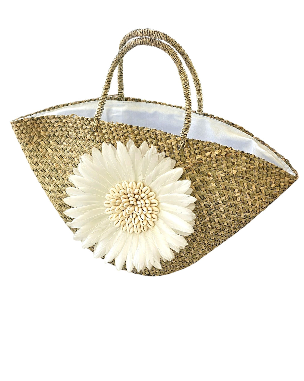 Balinese Straw Bloom Feather Cowrie Shell Large Beach Tote White