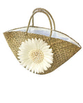 Balinese Straw Bloom Feather Cowrie Shell Large Beach Tote White