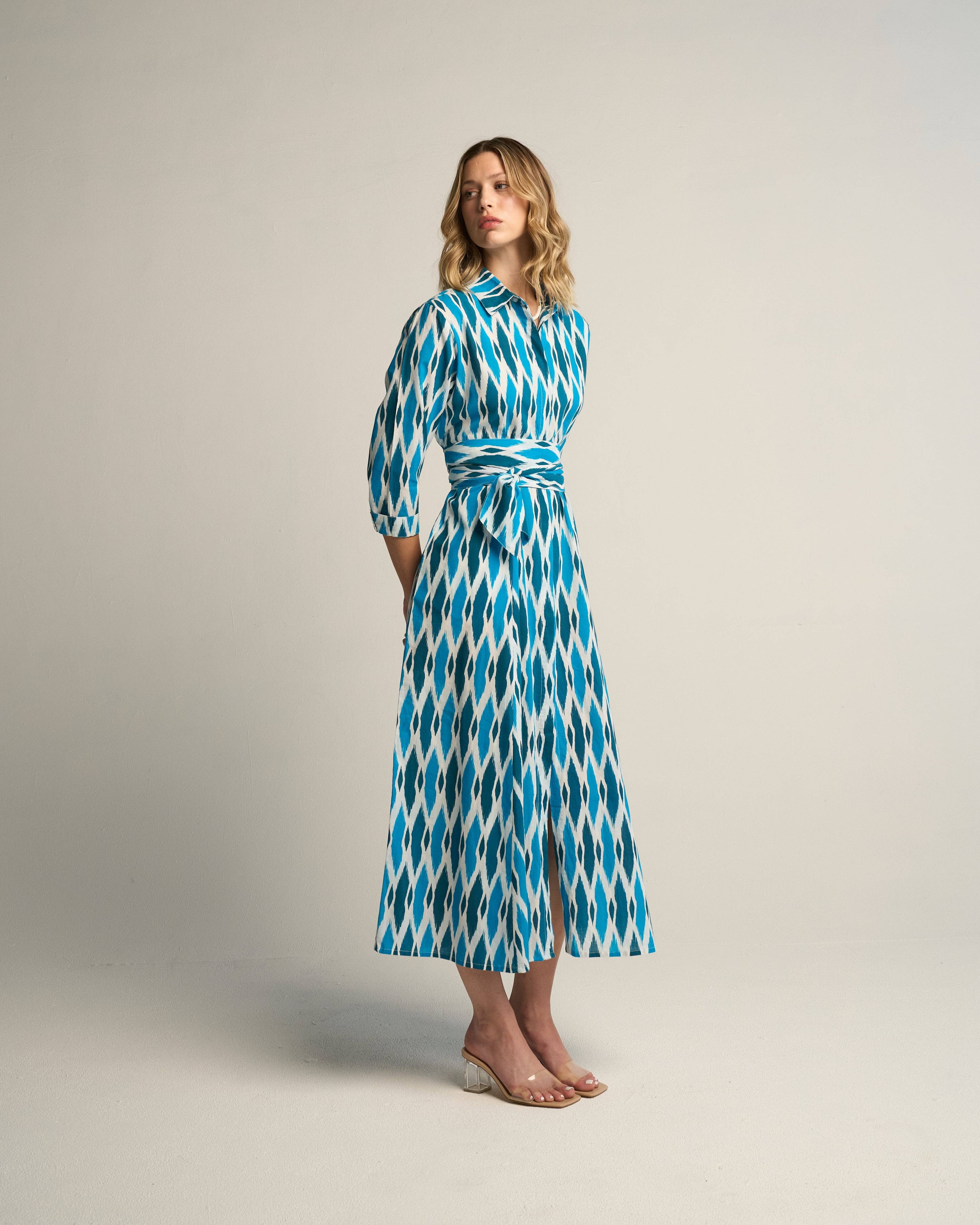 Luciana Ikat Multi Cyan Cotton Midi Shirt Dress with Sash