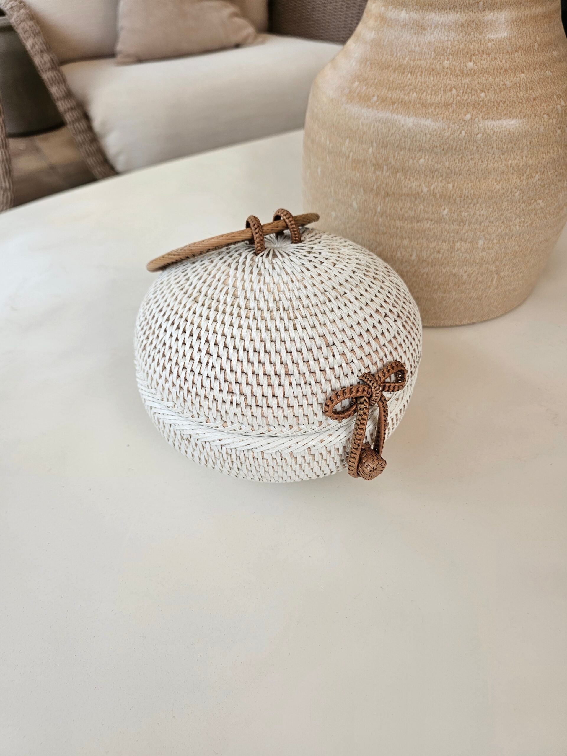 White Bounty Rattan Handbag Round Woven Cotton-Lined Tote