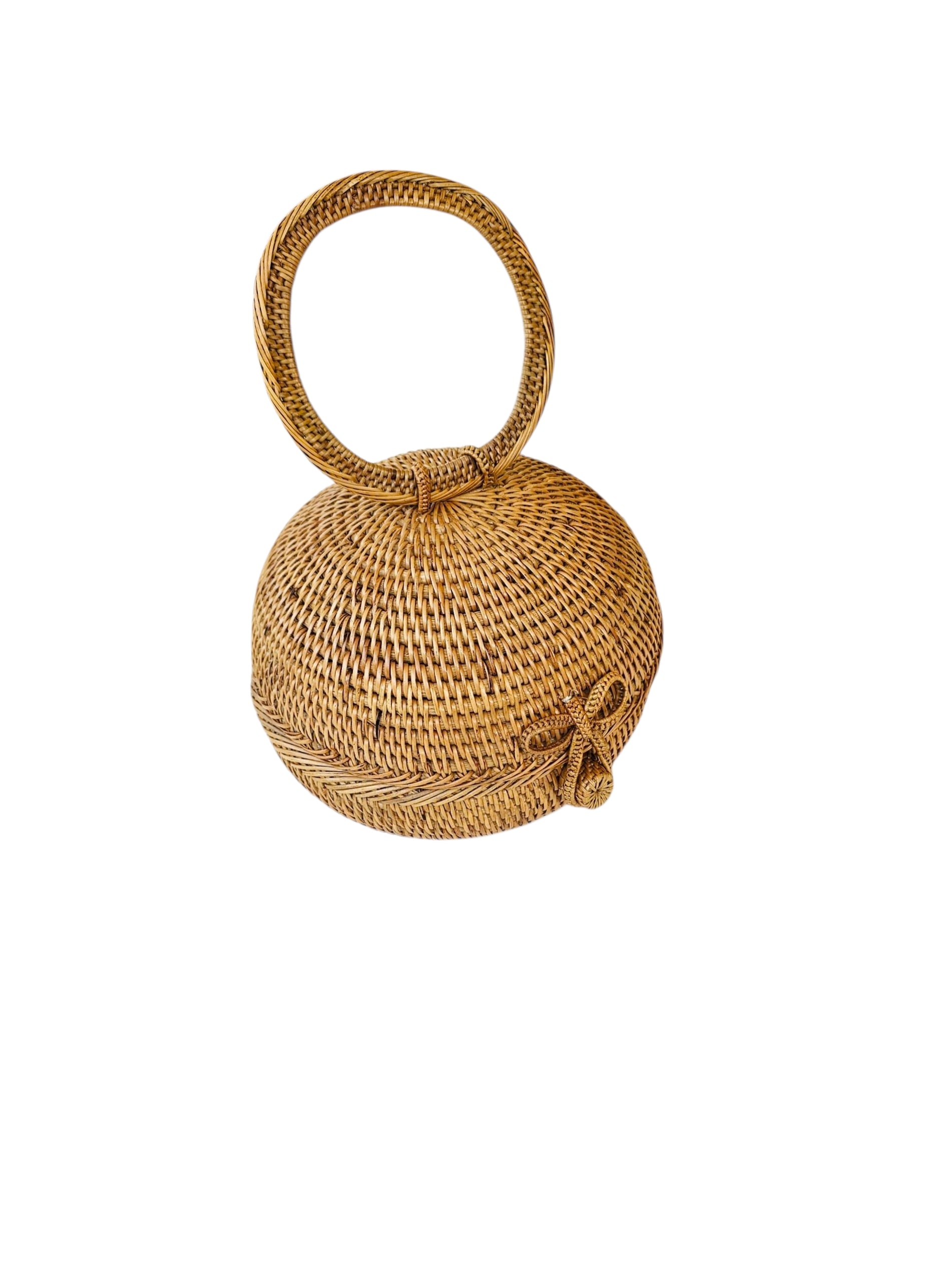 Handmade Round Rattan Handbag with Cotton Batik Lining and Handle