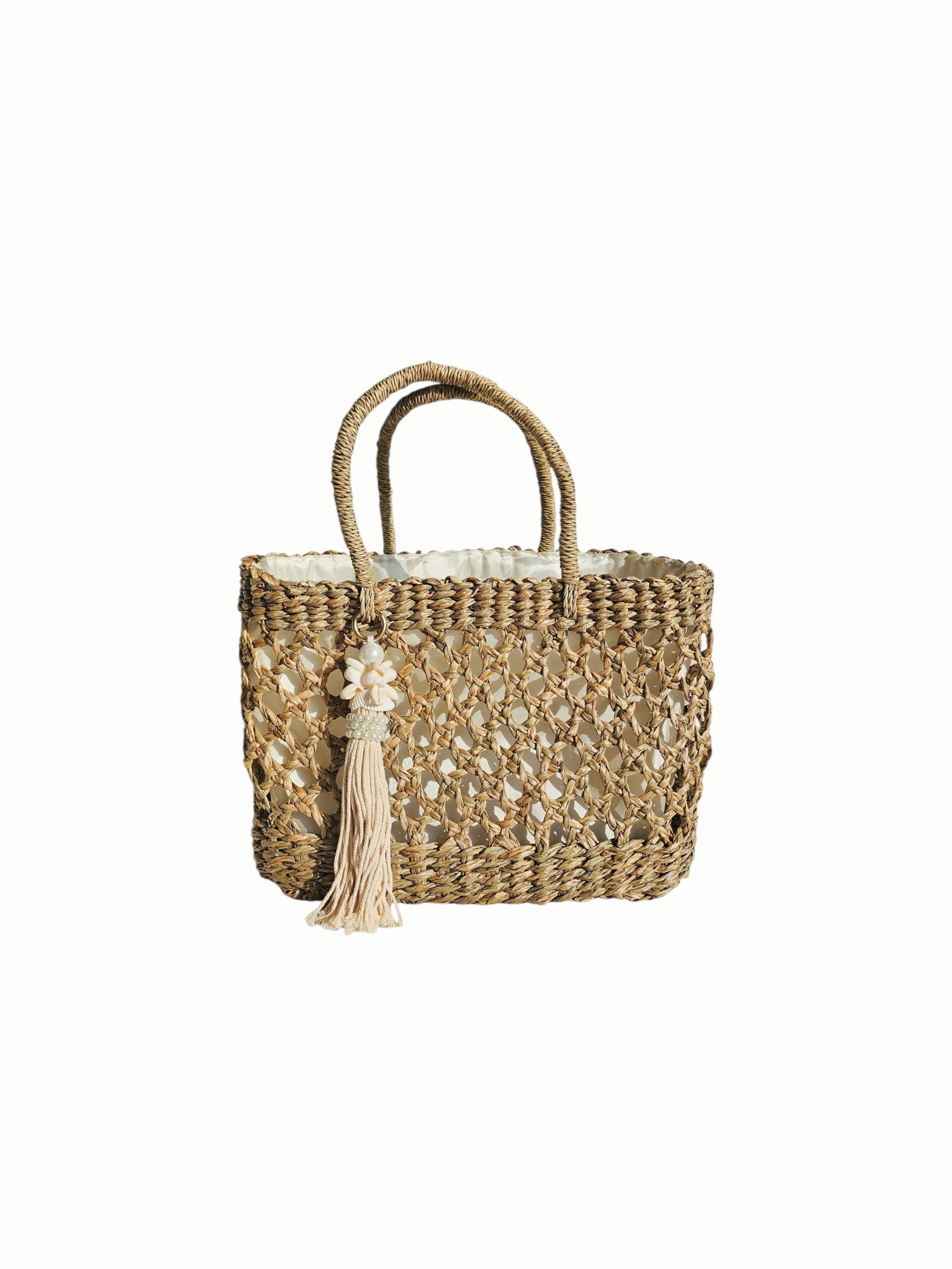 Handwoven Balinese Straw Tassel Tote with Satin Lining and Drawstring