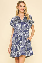 Deep Blue Printed Tunic Dress Lightweight V-Neck Cap Sleeve Mini