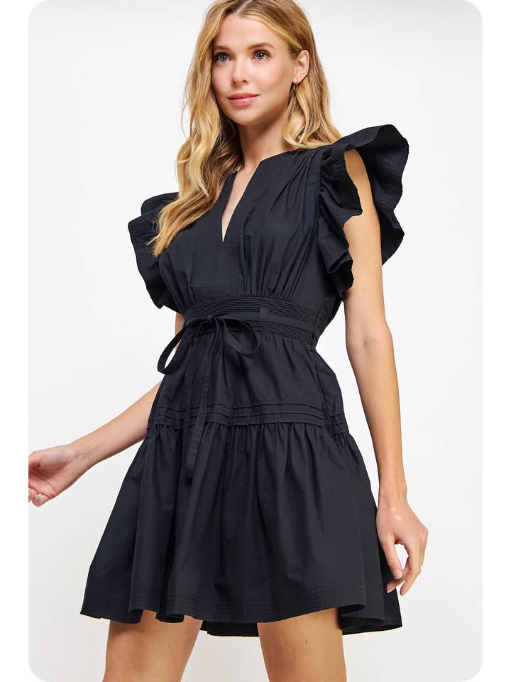Flutter Sleeve Poplin Mini Dress — Cotton Ruffle Baby Doll Style