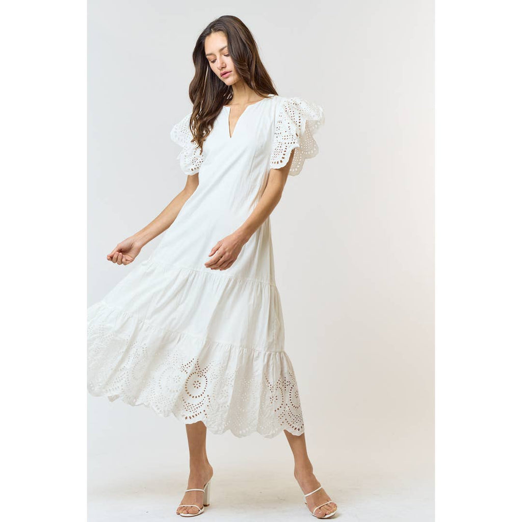 Wholesale Scallop Edge Crochet Trim Satin A-Line Midi Dress