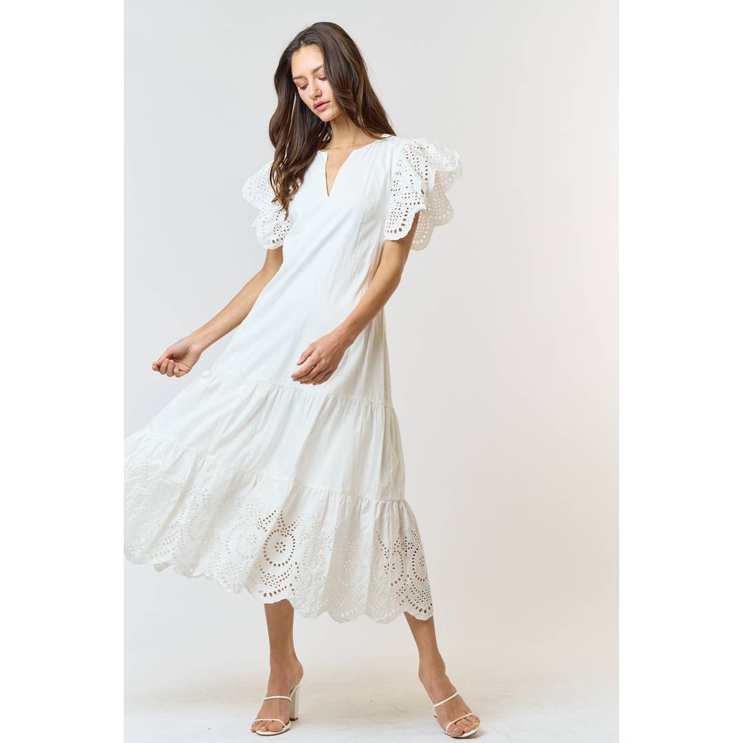 Wholesale Scallop Edge Crochet Trim Satin A-Line Midi Dress