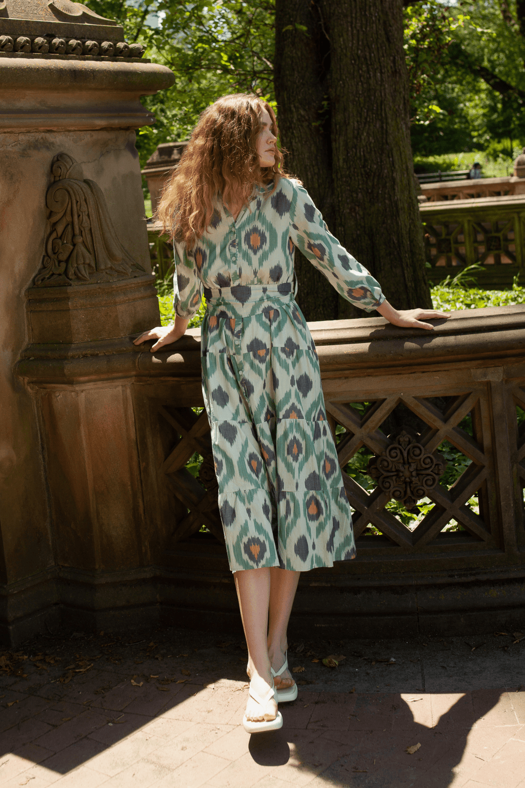 Ariel Ikat Dress Green Cotton Midi Casual Chic Women's Dress