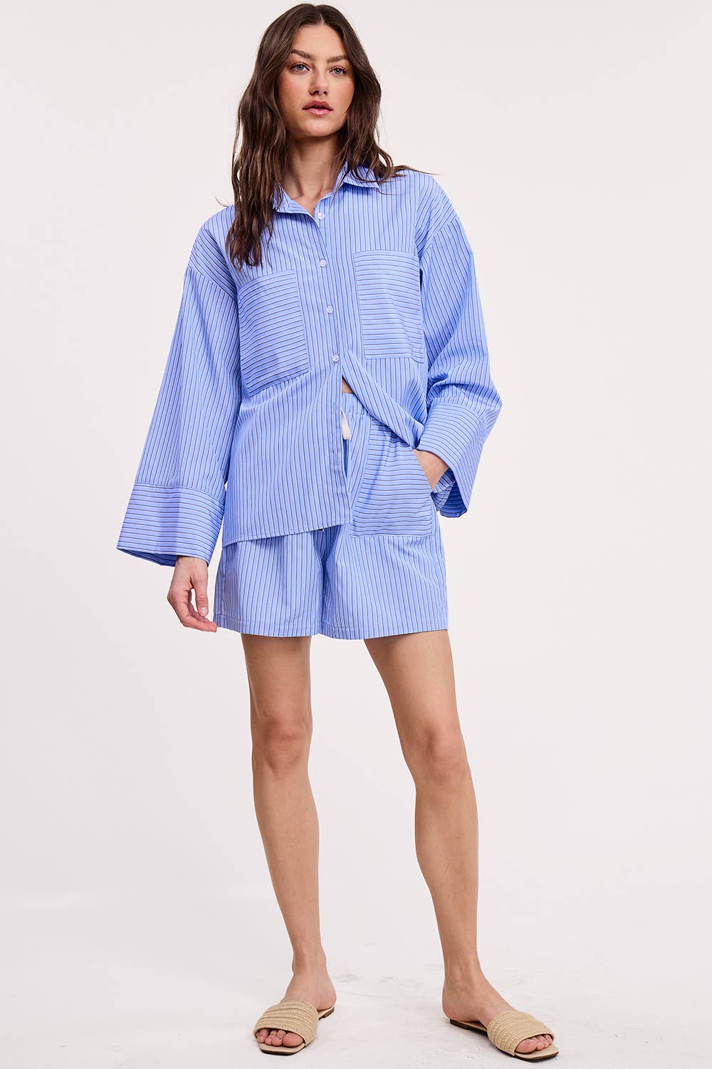 Wholesale Stripe Cotton Shorts Relaxed Fit Elastic Waistband Drawstring