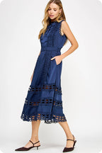 Wholesale Scallop Edge Crochet Trim Satin A-Line Midi Dress