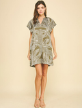 Printed Tunic Mini Dress Lightweight V-Neck Cap Sleeve Khaki