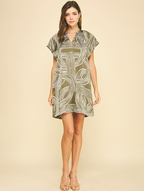 Printed Tunic Mini Dress Lightweight V-Neck Cap Sleeve Khaki
