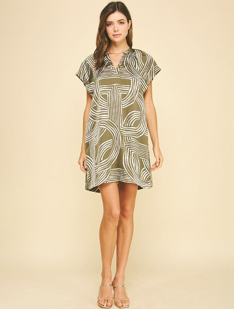 Printed Tunic Mini Dress Lightweight V-Neck Cap Sleeve Khaki