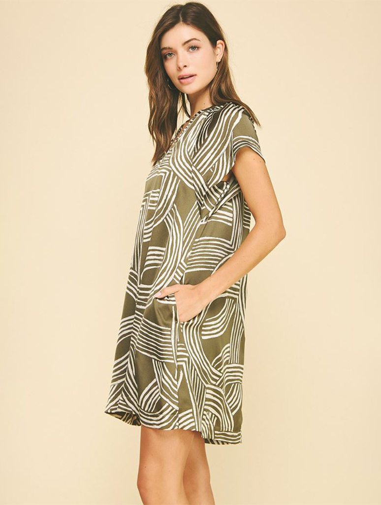 Printed Tunic Mini Dress Lightweight V-Neck Cap Sleeve Khaki