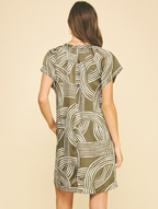 Printed Tunic Mini Dress Lightweight V-Neck Cap Sleeve Khaki