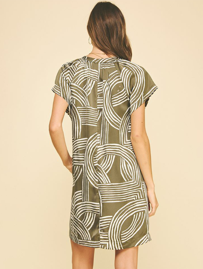 Printed Tunic Mini Dress Lightweight V-Neck Cap Sleeve Khaki