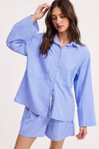 Wholesale Stripe Cotton Shirt Relaxed Fit Oversized Front Pockets