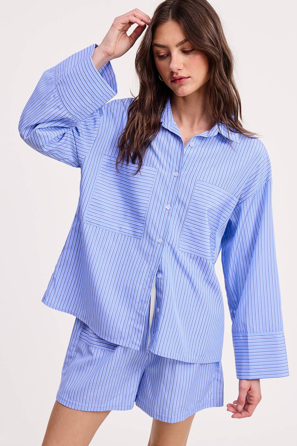 Wholesale Stripe Cotton Shirt Relaxed Fit Oversized Front Pockets