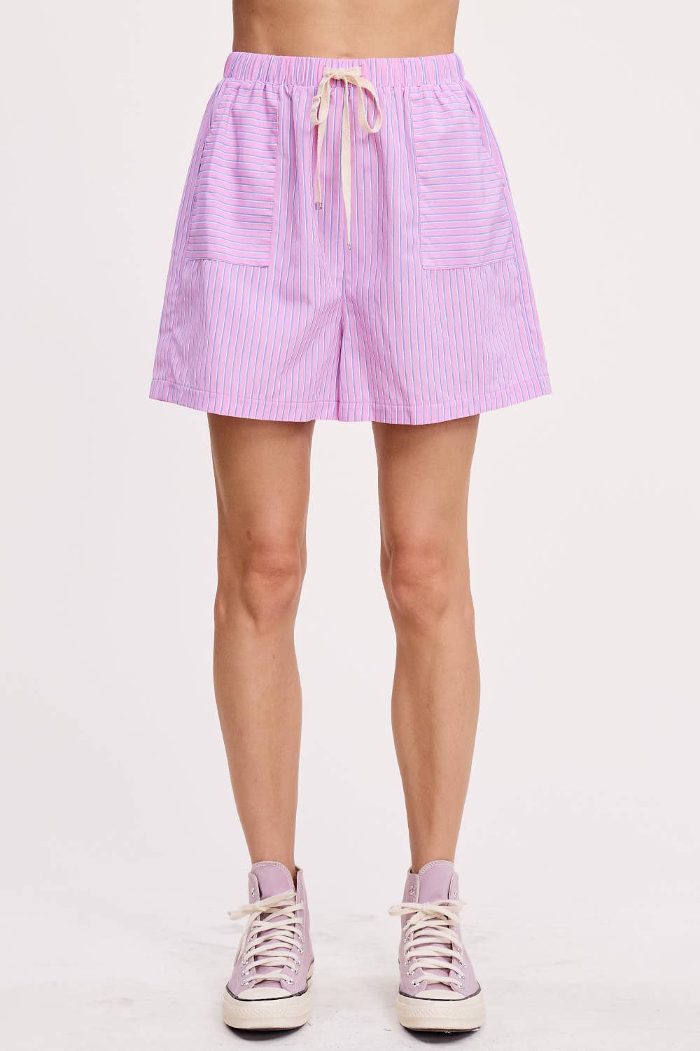 Wholesale Stripe Cotton Shorts Relaxed Fit Elastic Waistband Drawstring