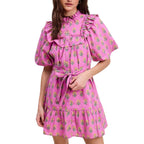 Floral Clusters Ruffled Mini Dress In Orchid Short Sleeve Mockneck