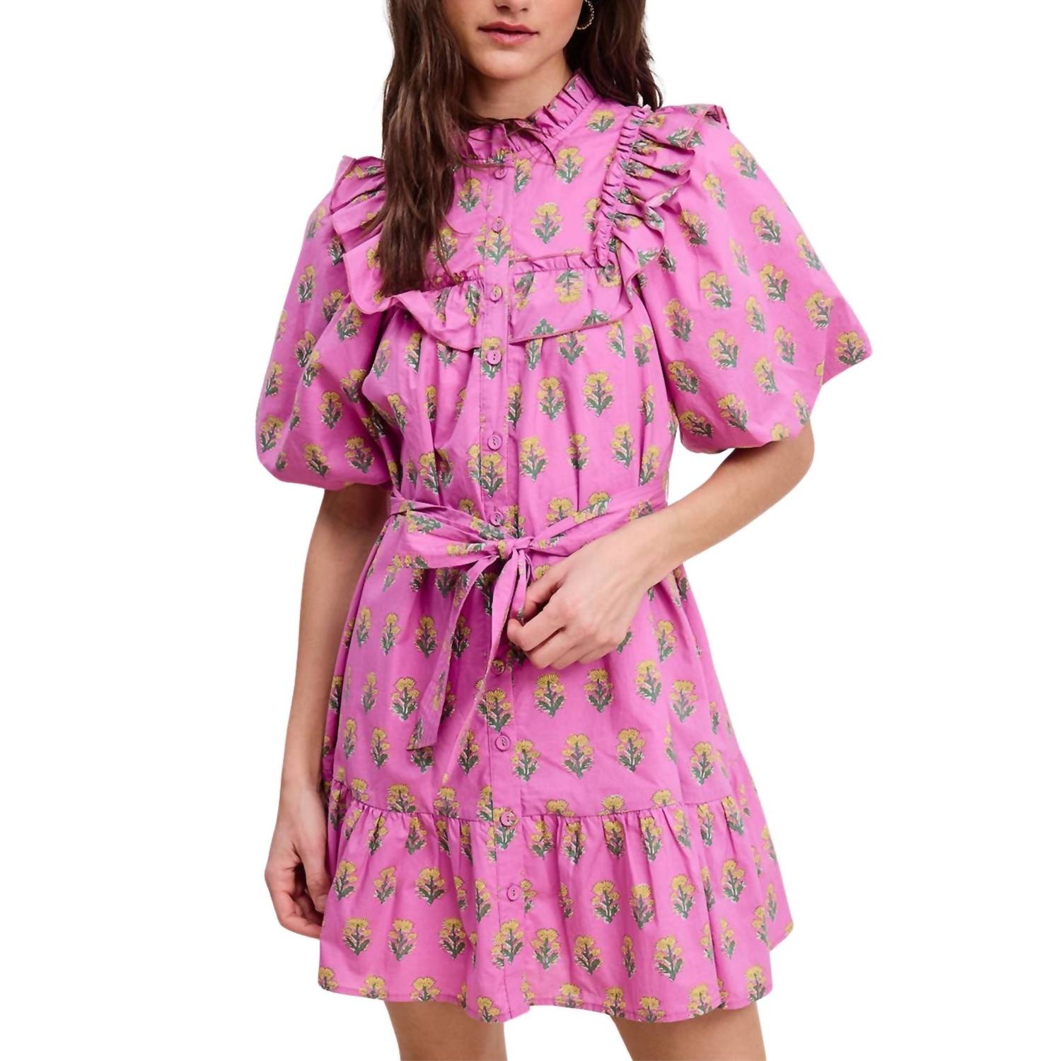 Floral Clusters Ruffled Mini Dress In Orchid Short Sleeve Mockneck