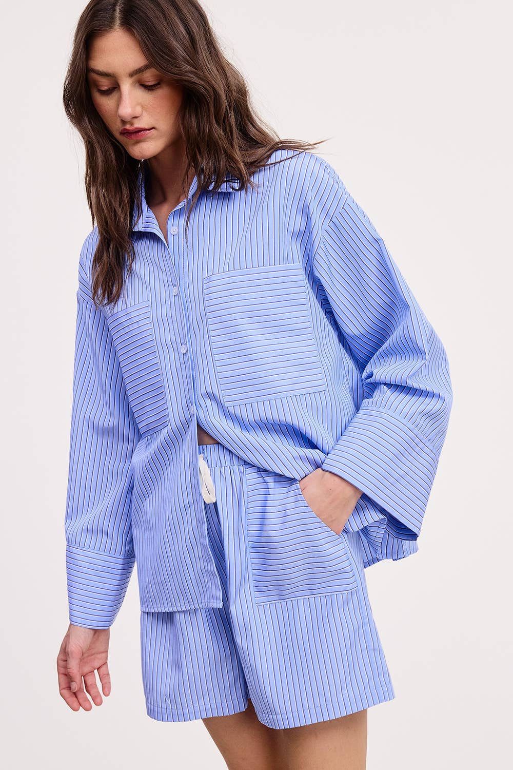 Wholesale Stripe Cotton Shirt Relaxed Fit Oversized Front Pockets