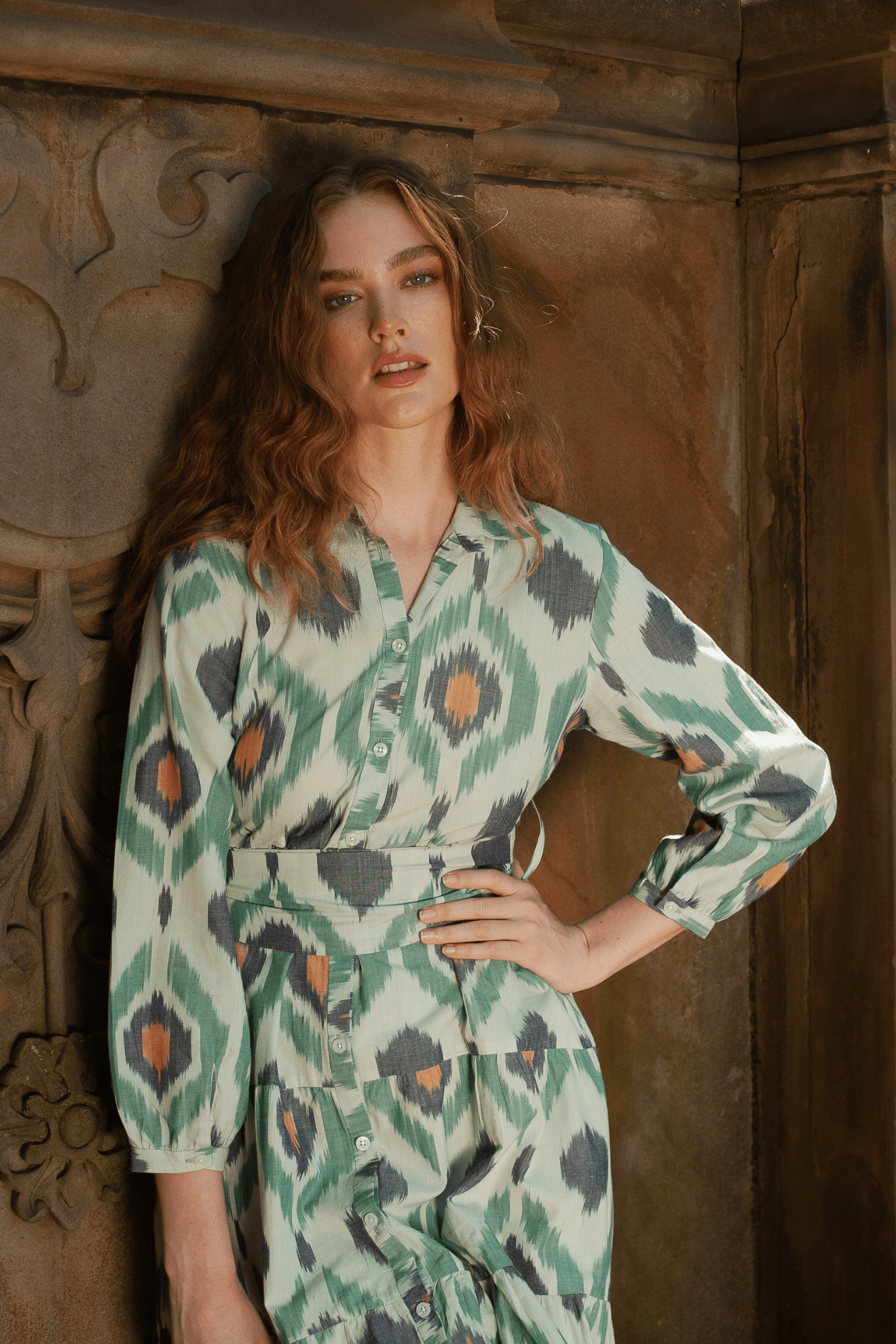Ariel Ikat Dress Green Cotton Midi Casual Chic Women's Dress