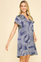 Deep Blue Printed Tunic Dress Lightweight V-Neck Cap Sleeve Mini