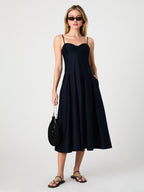 Cotton Sateen Pleated Midi Dress with Sweetheart Neckline Pockets