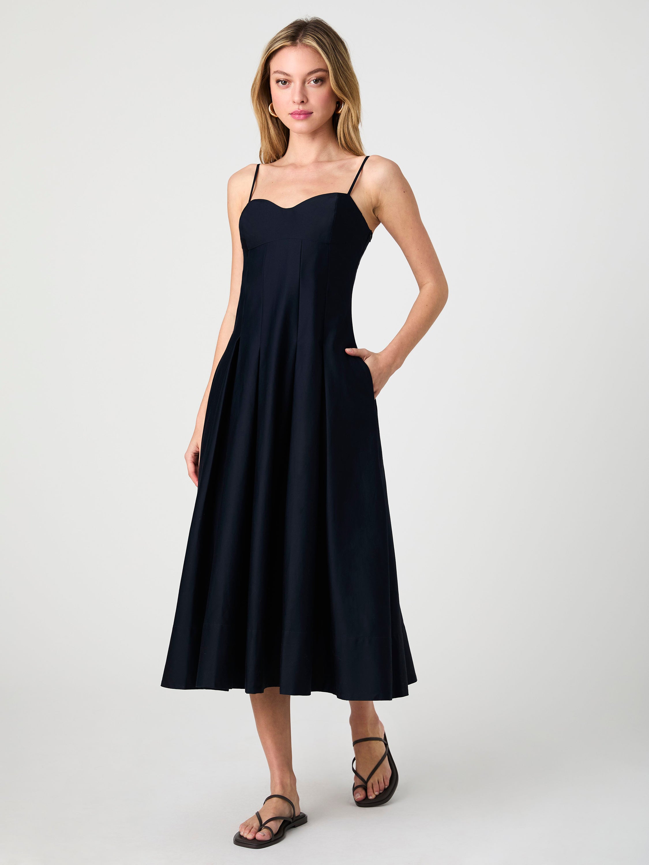 Cotton Sateen Pleated Midi Dress with Sweetheart Neckline Pockets