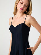 Cotton Sateen Pleated Midi Dress with Sweetheart Neckline Pockets