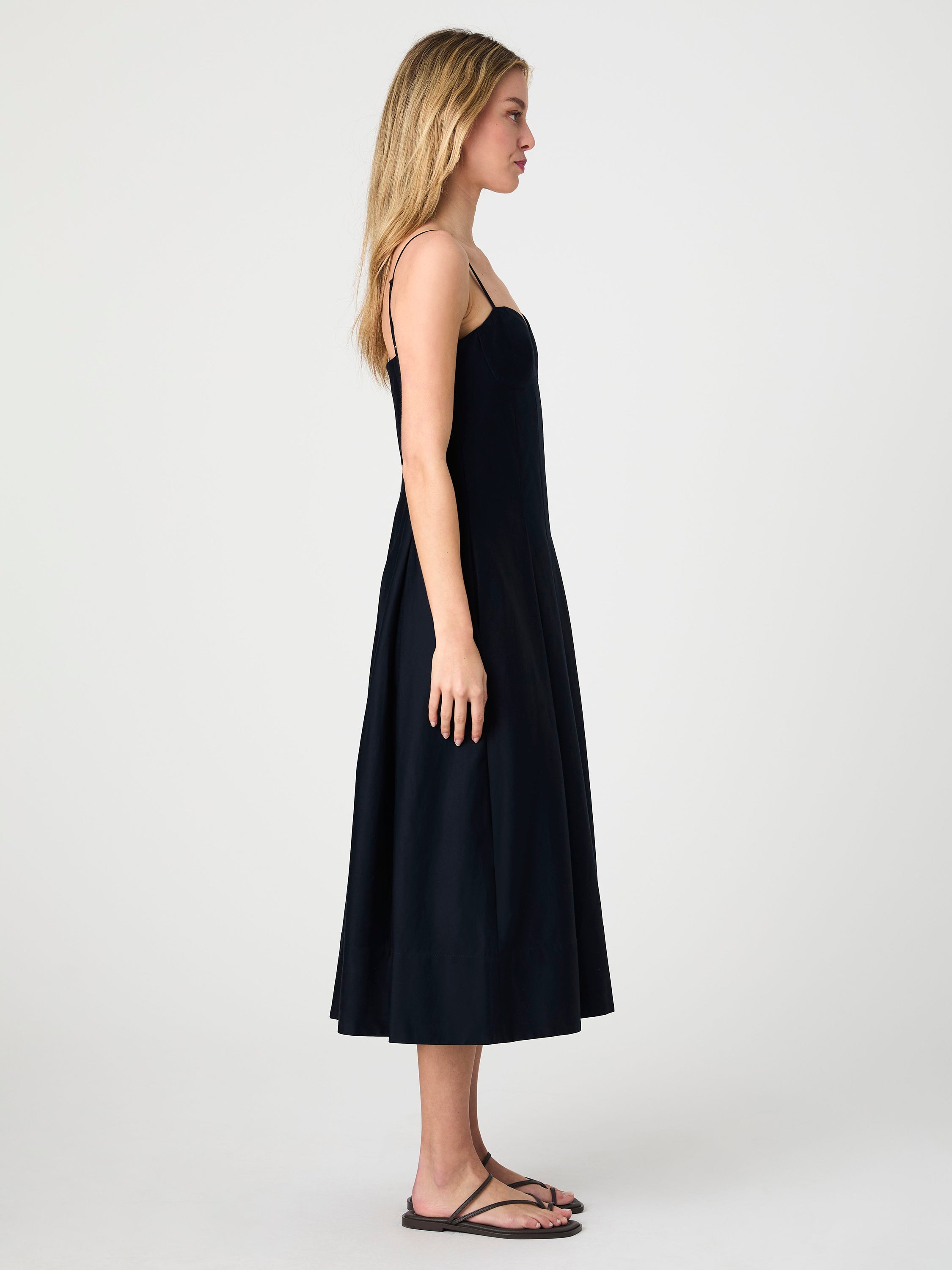 Cotton Sateen Pleated Midi Dress with Sweetheart Neckline Pockets