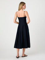 Cotton Sateen Pleated Midi Dress with Sweetheart Neckline Pockets