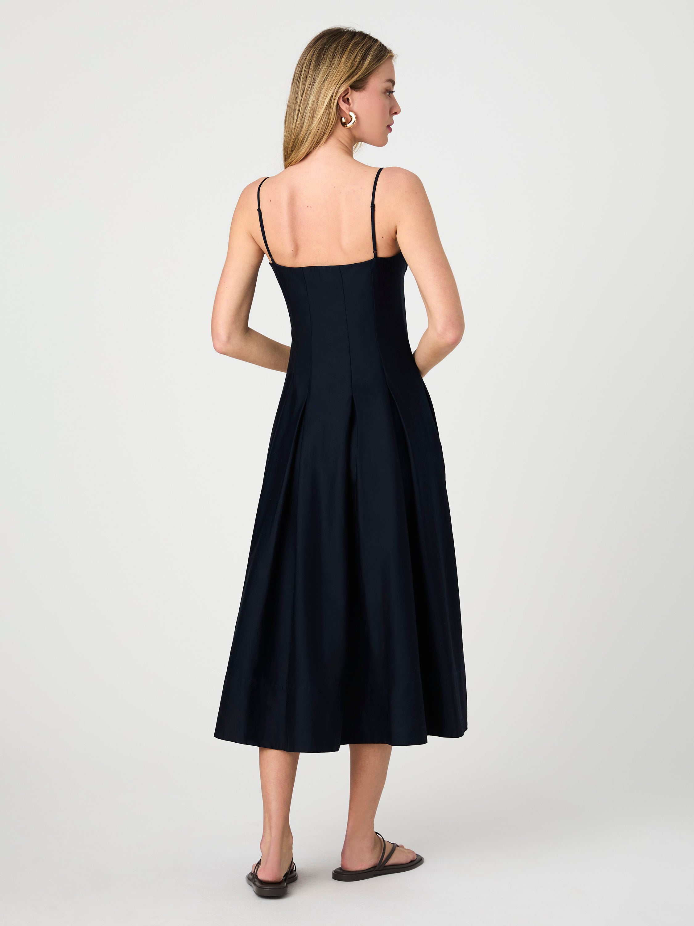 Cotton Sateen Pleated Midi Dress with Sweetheart Neckline Pockets